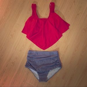Red and B&W striped high-waisted bikini (NWOT)